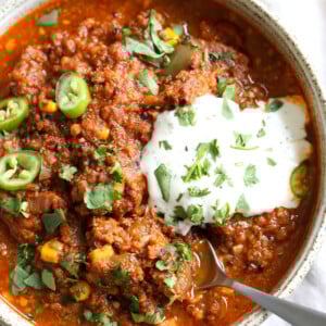 Instant Pot Enchilada Soup with Quinoa, walnuts, mushrooms. Bean-free Quinoa Chili with enchilada seasoning. Saucepan Option. #VeganRicha #Vegan #Soyfree #Glutenfree #Recipe #Nutfreeoption