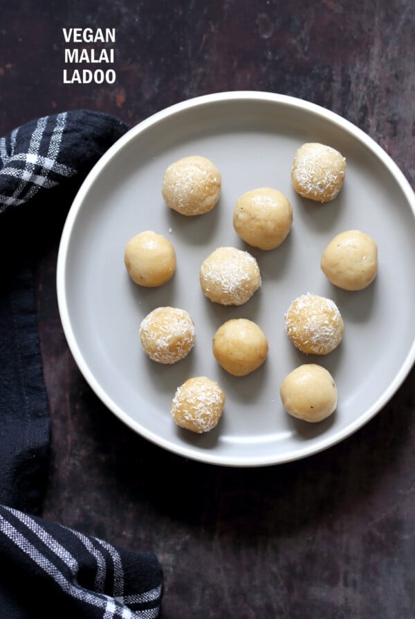Vegan Malai Ladoo. Sweet Fudge balls that are flavored with cardamom. Festive Indian Sweet. Dairy-free Ladoo. #veganRicha #Vegan #Glutenfree #Soyfree #Recipe Can be #oilfree.