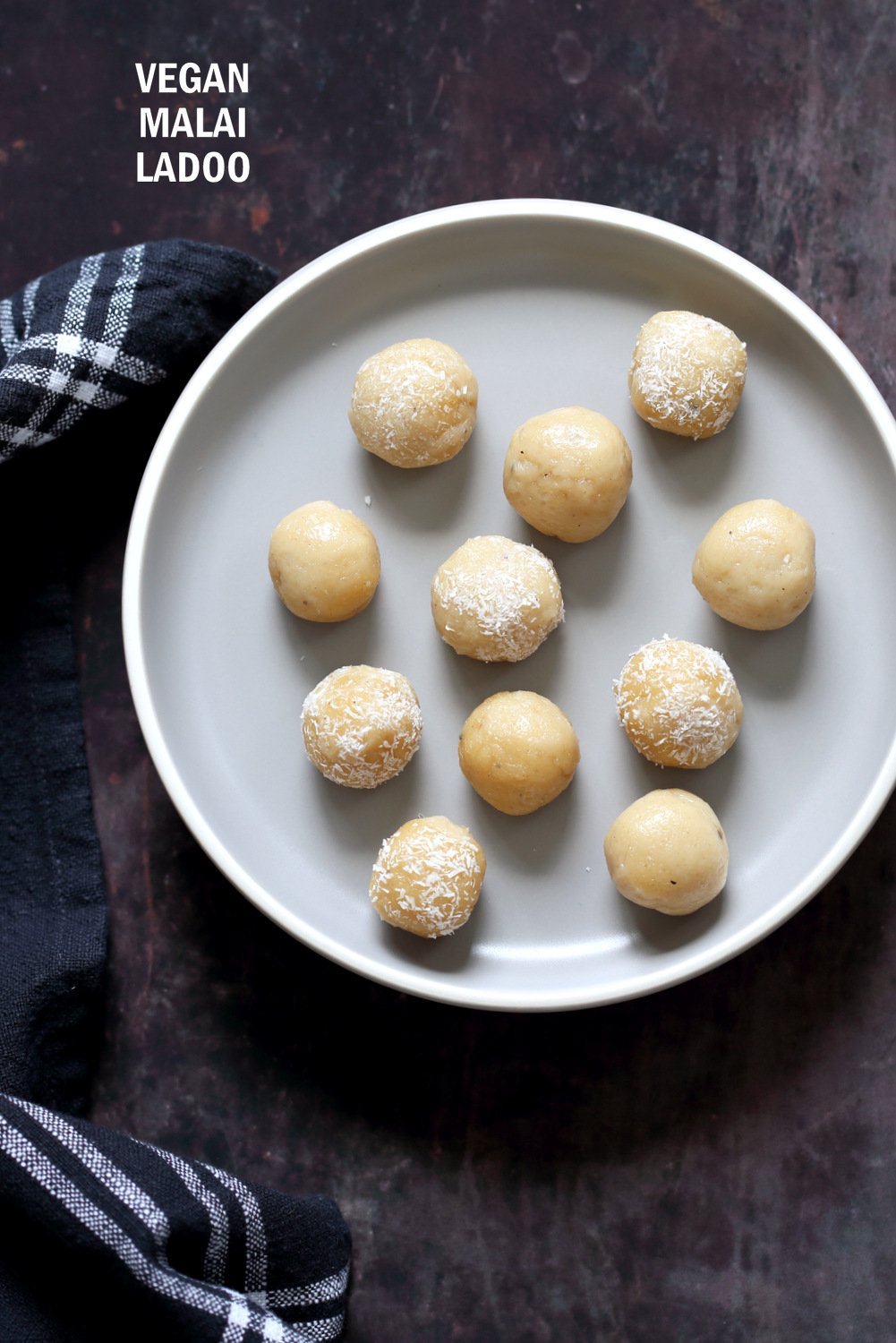Vegan Malai Ladoo. Sweet Fudge balls that are flavored with cardamom. Festive Indian Sweet. Dairy-free Ladoo. #veganRicha #Vegan #Glutenfree #Soyfree #Recipe Can be #oilfree.