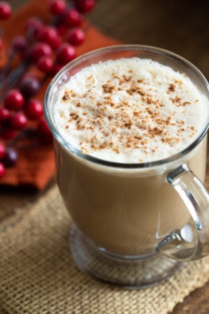 Vegan Gingerbread latte with homemade gingerbread spice in a glass mug