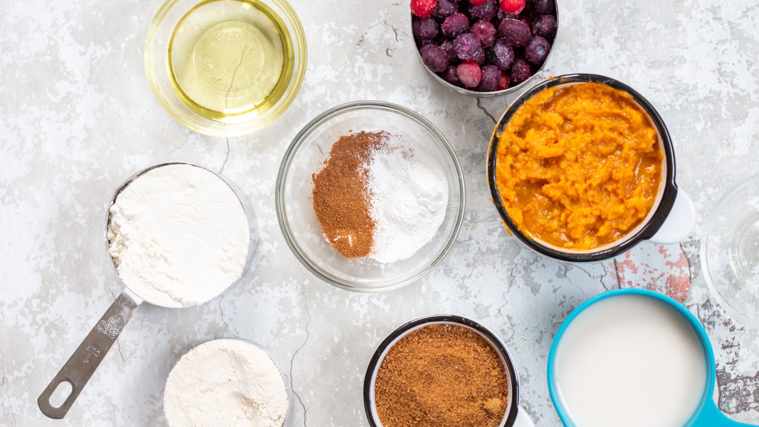 Vegan Sweet Potato Bread Ingredients in bowls and cups