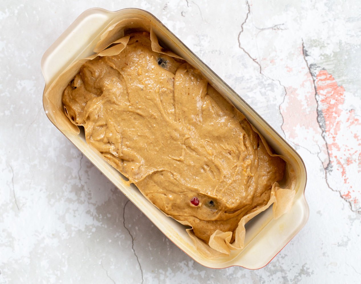 Vegan Sweet Potato Bread batter in a loaf pan