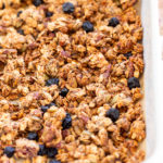This Date Caramel Maple Pecan Granola is lightly sweet and perfect for any time. Pecans, Oats, coconut, pumpkin and chia seeds and dried blueberries tossed in date caramel and baked to perfection. #Vegan #Granola #Glutenfree #Soyfree #Recipe #VeganRicha Can be nutfree.