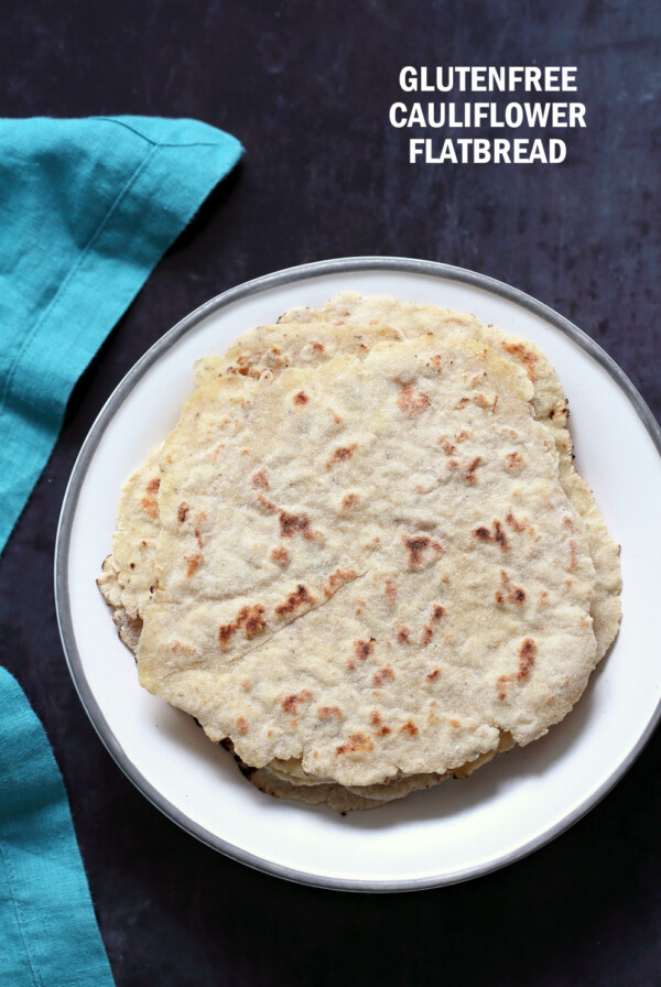 Gluten-free Cauliflower flatbread. This 7 Ingredient Gluten free flatbread is also grain-free, nut-free and soy-free. It is soft and great for tacos and wraps. Add herbs of choice. Vegan Yeastfree Recipe