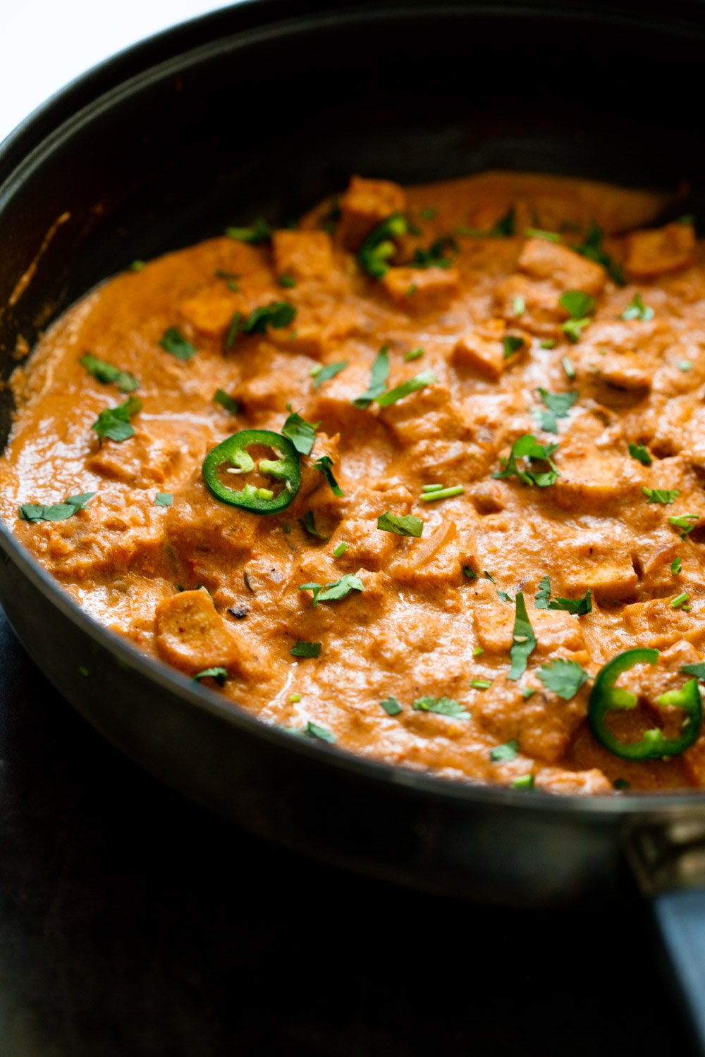 Tofu Amritsari Masala. This Amritsari Sauce uses toasted cayenne and spices to make a smoky creamy tomato sauce. Add chickpeas, veggies or veggie meats for variation. #Vegan #Glutenfree #Recipe. Can be Soyfree, Nutfree #veganRicha 