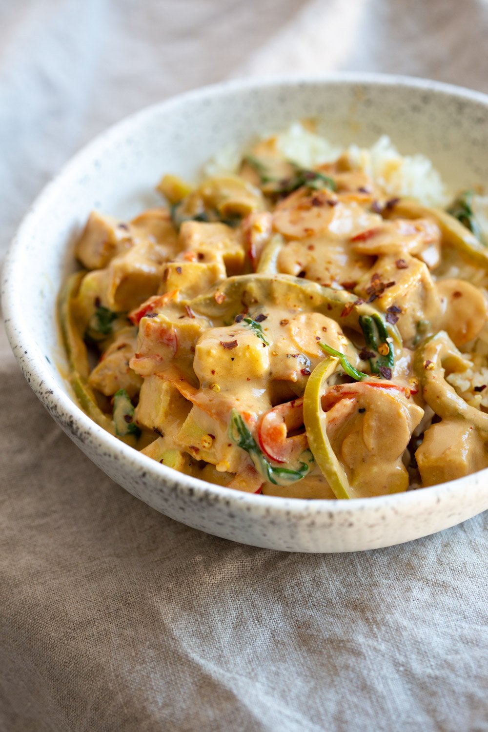 Soy-free Tofu Stir fry with Sunbutter Sauce. Chickpea Tofu with Nutfree Peanut Sauce! Allergy friendly 1 Pot Meal. #Vegan #Glutenfree #Soyfree #Nutfree #peanutsauce #Recipe #VeganRicha