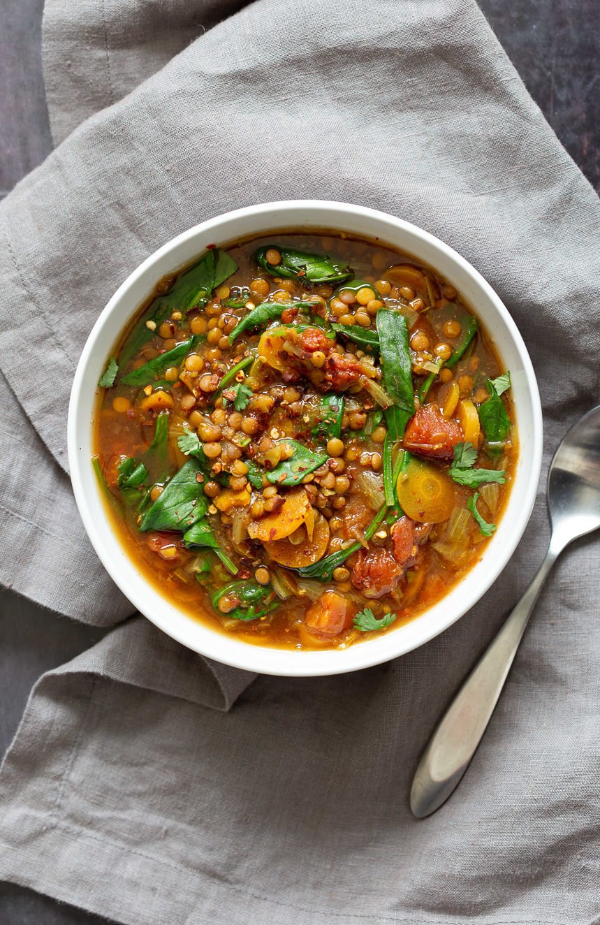 1 Pot Vegan Lentil Soup made in Instant Pot or Saucepan. This Easy Lentil Vegetable Soup is warming, comforting and so filling. 30 Minute Freezer friendly, #Glutenfree, #Soyfree, #Nutfree #Recipe #vegan #lentilsoup #veganricha | VeganRicha.com