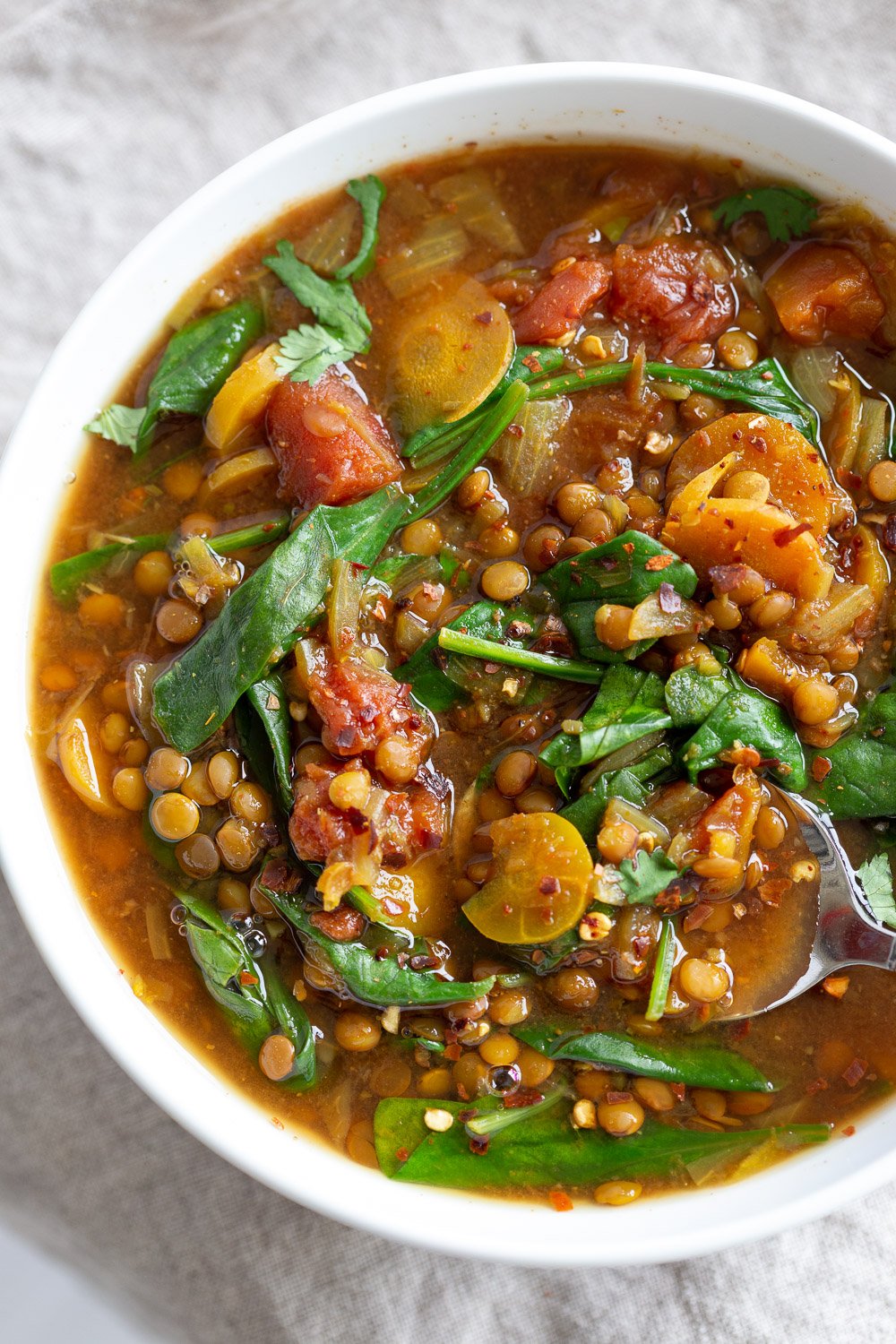 overhead shot of 1 Pot Vegan Lentil Soup in a white bowl