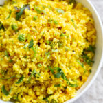 Lemony Turmeric Cauliflower Rice. Easy Side with any meal. 1 Pot Lemon Cauliflower Rice with mustard seeds and garlic. #Vegan #Glutenfree #Grainfree #Nutfree #Recipe #Turmeric #cauliflowerrice #veganrucha