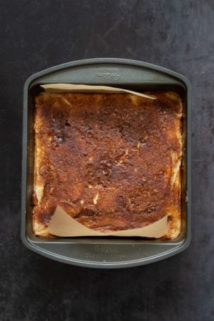 Our Vegan Apple Custard Squares in a lined brownie pan