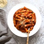 Instant Pot Ziti with Tomato Sauce. Date Night Quick Pasta with Ziti, sprinkled with vegan parm and fresh herbs. #Vegan #Soyfree #Recipe #VeganRicha #instantPot #pasta . Easily #Glutenfree, #Nutfree