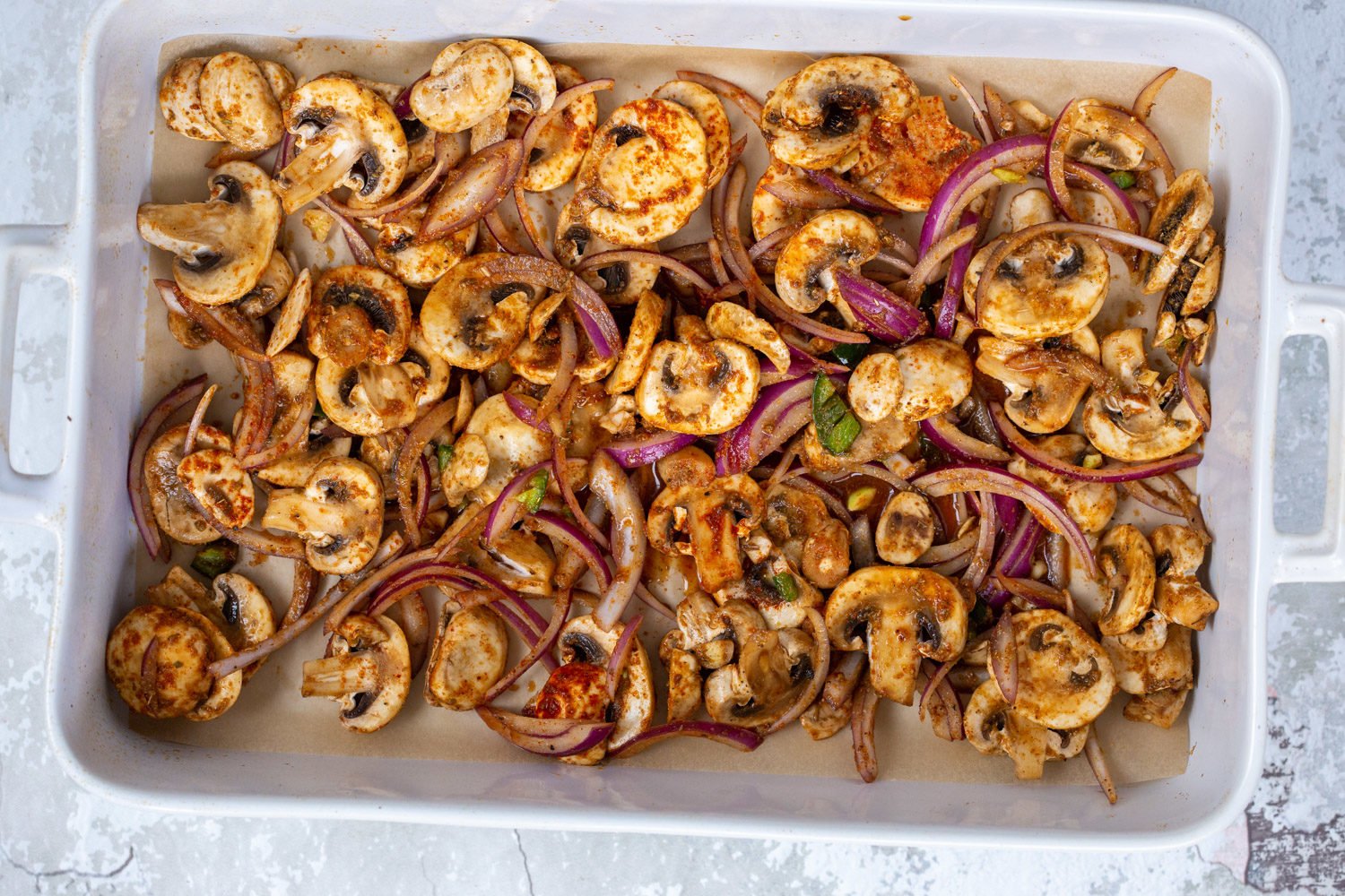 Marinated Mushrooms for our Vegan Carnitas in a white baking dish