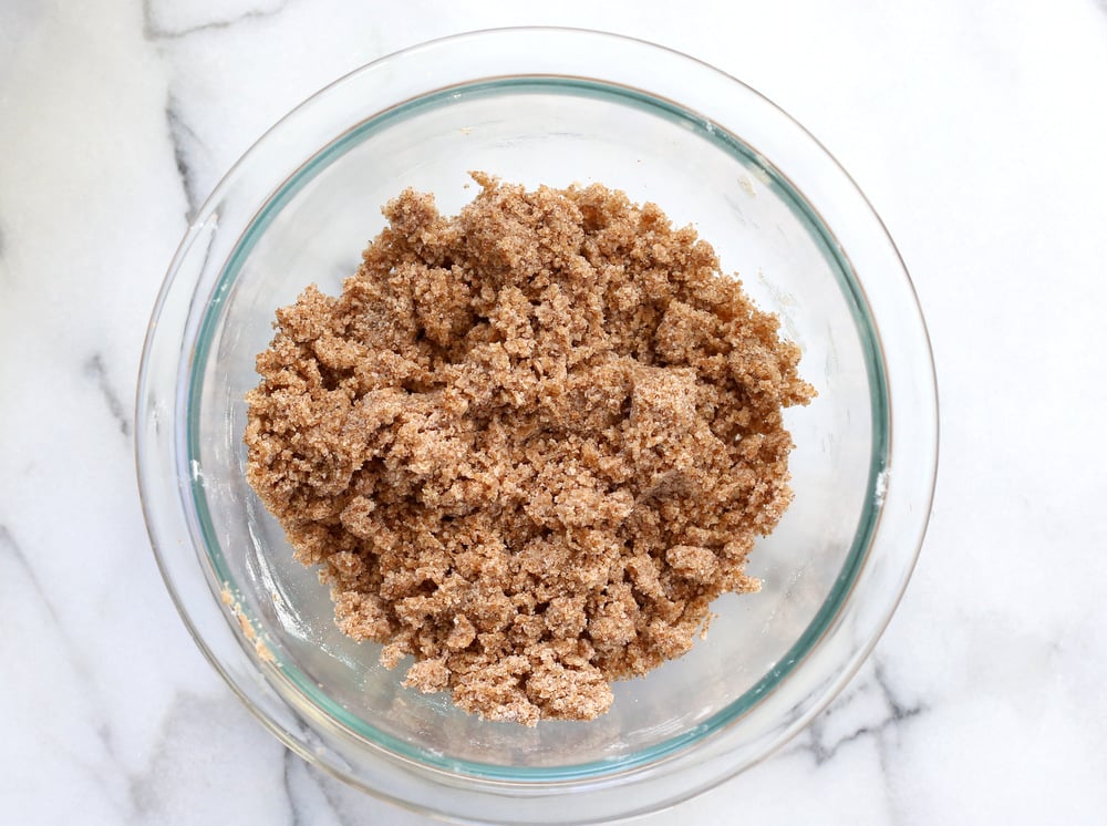 Streusel for our Vegan Cinnamon Streusel Pancakes in a glass bowl