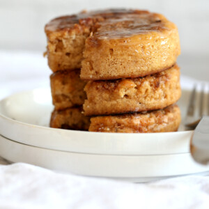 These Vegan Cinnamon Streusel Pancakes are a perfect treat for Valentines or a special day. A delicious fluffy vanilla pancake topped with a cinnamon streusel for a coffee cake like pancake. Make the pancakes in cookie cutters to make a cake like pancake tower! #Vegan #Pancakes #Soyfree #Nutfree #Recipe #VeganRicha