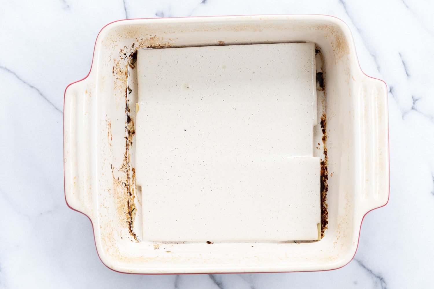 Lasagna Noodles layered for Our Creamy Vegan Mushroom Lasagna
