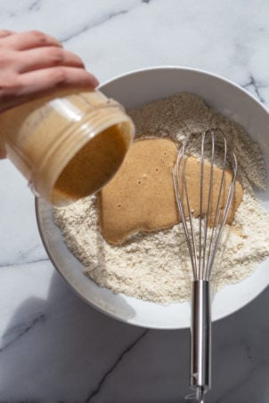 Blended dates added to the dry ingredients for Our Vegan Gluten free Vanilla Cake ingredients