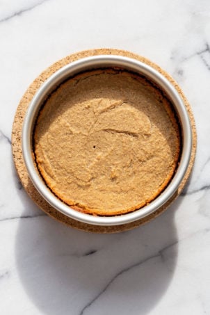 Our Vegan Gluten free Vanilla Cake baked in a cake pan