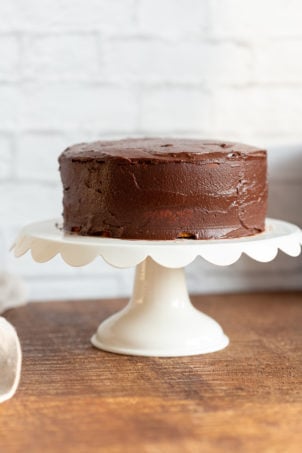 Our Vegan Gluten free Vanilla Cake layered and frosted with chocolate frosting