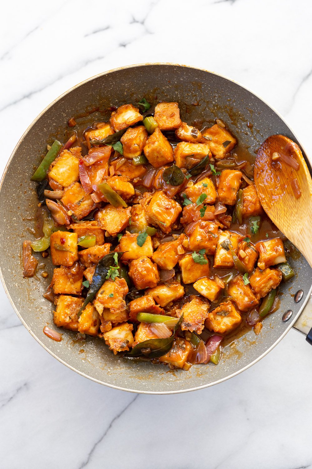 Our Tofu 65 in a grey skillet