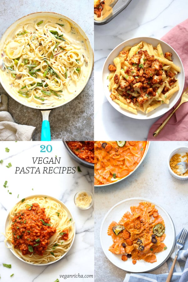 20 Vegan Pasta Recipes! Fettuccine, Spaghetti, Farfalle, Ziti with Sauces like Bolognese, Alfredo, Lemon Cream, rose sauce, pesto and more. Gluten-free, soy-free Nut-free Options #VeganRicha #VeganPasta #veganPastaRecipes #veganpastadinners  