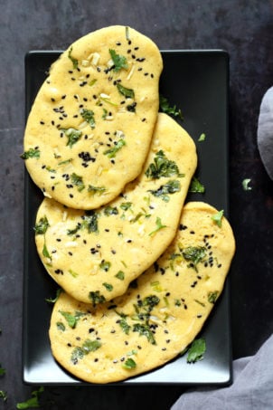 Vegan Gluten free Naan Flatbread. Grain-free Naan Recipe. 6 Main Ingredients,  1 Bowl, and 20 Minutes. Serve with curries or slice and serve with dips or add to bowls. Soyfree Nutfree options #Vegan #Glutenfree #grainfree #Veganricha #glutenfreenaan #grainfreenaan #chickpeaflournaan