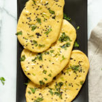 Vegan Gluten free Naan Flatbread. Grain-free Naan Recipe. 6 Main Ingredients,  1 Bowl, and 20 Minutes. Serve with curries or slice and serve with dips or add to bowls. Soyfree Nutfree options #Vegan #Glutenfree #grainfree #Veganricha #glutenfreenaan #grainfreenaan #chickpeaflournaan