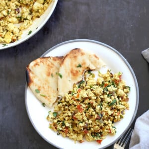 Tofu Bhurji - Vegan Bhurji or Akoori . Indian Scrambled eggs. Tofu scrambled with onion, tomato, cilantro and cumin for a delicious Eggless Bhurji Scramble Breakfast. #Vegan #Glutenfree #Nutfree #Recipe #VeganRicha #indianRecipe #tofuburji Can be soyfree. 