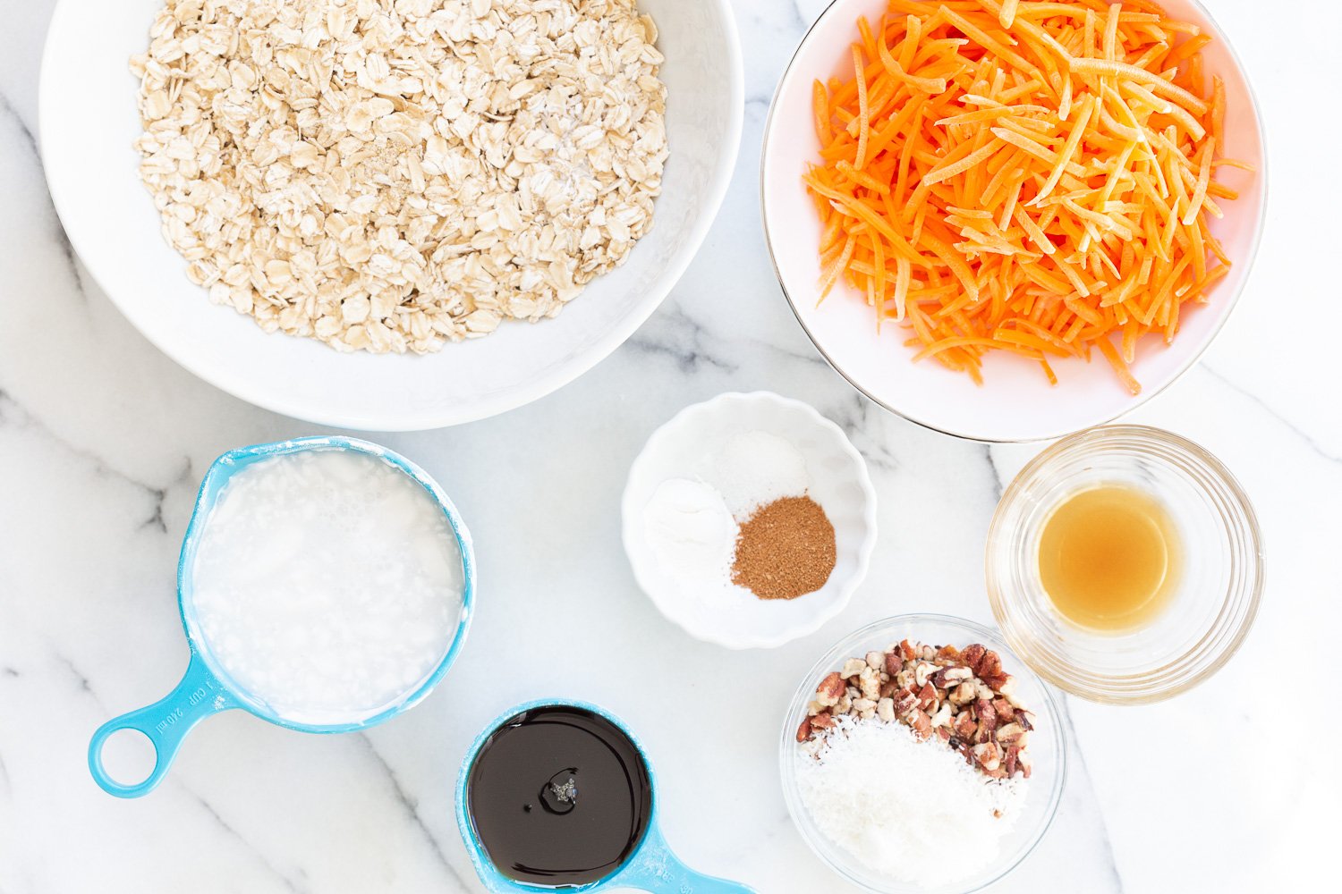 Ingredients for our Vegan Carrot Cake Baked Oatmeal in Bowls