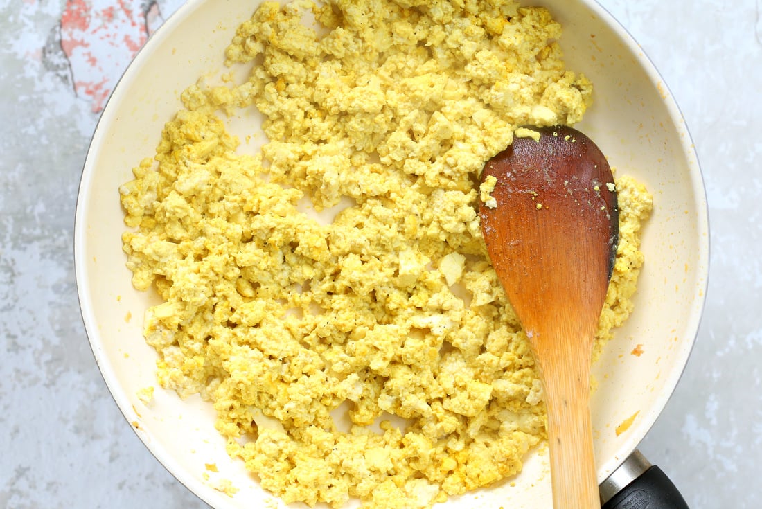 Tofu Scramble in a skillet for our Vegan Breakfast burrito