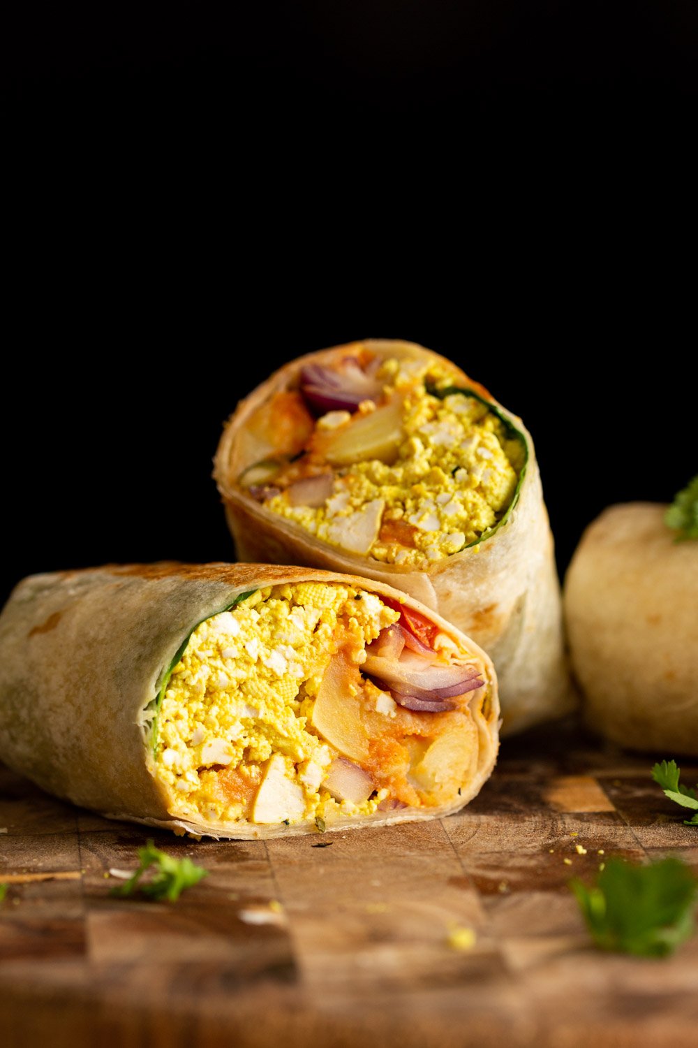 Vegan Breakfast burrito on wooden board