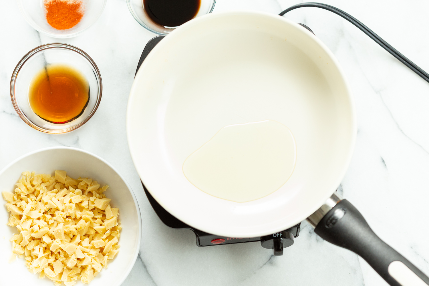 Ingredients for Smoky Balsamic Chickpea Tofu Bits in bowls