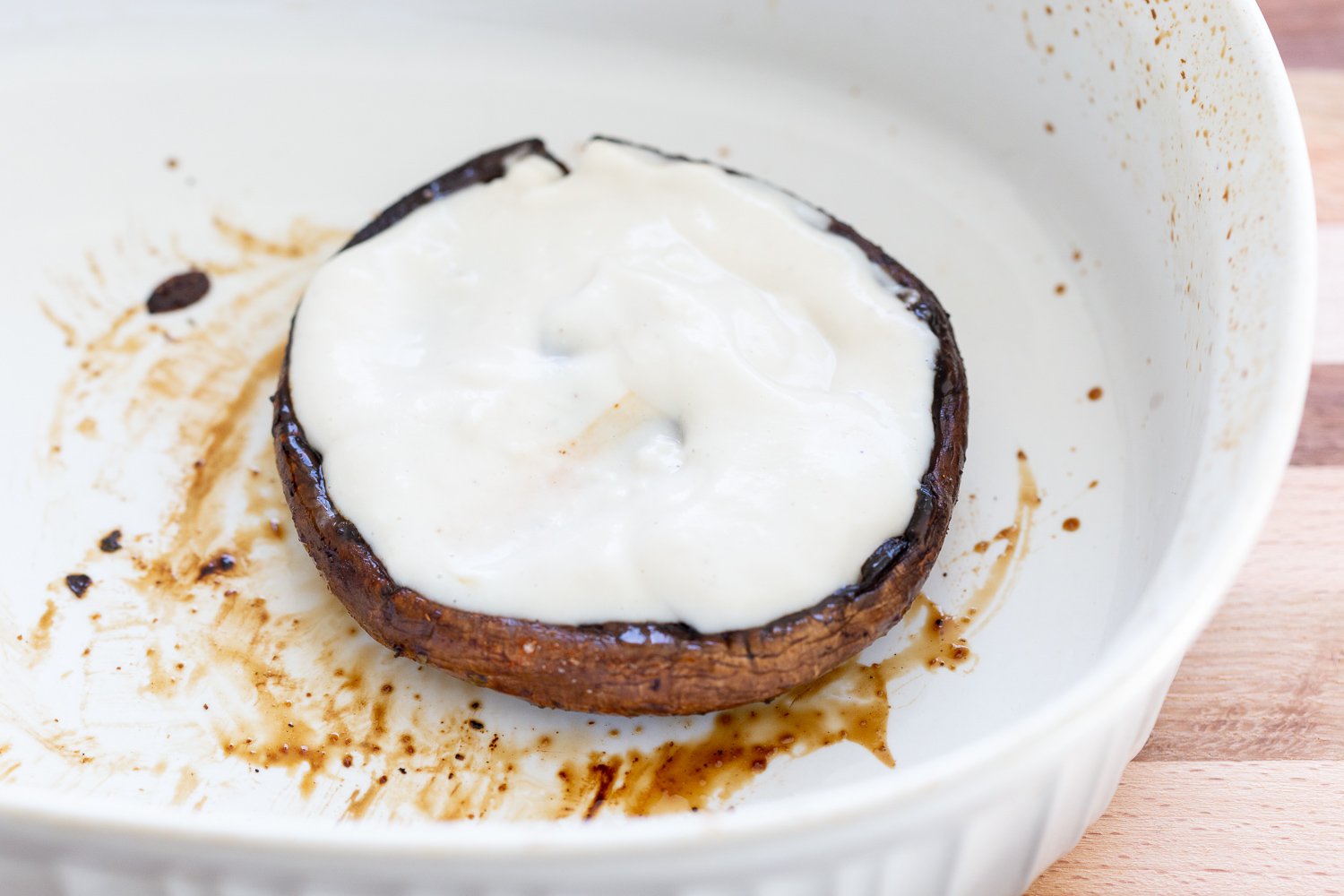 Portobello mushroom stuffed with mozzarella cream for our Vegan Portobello Mushroom Burger