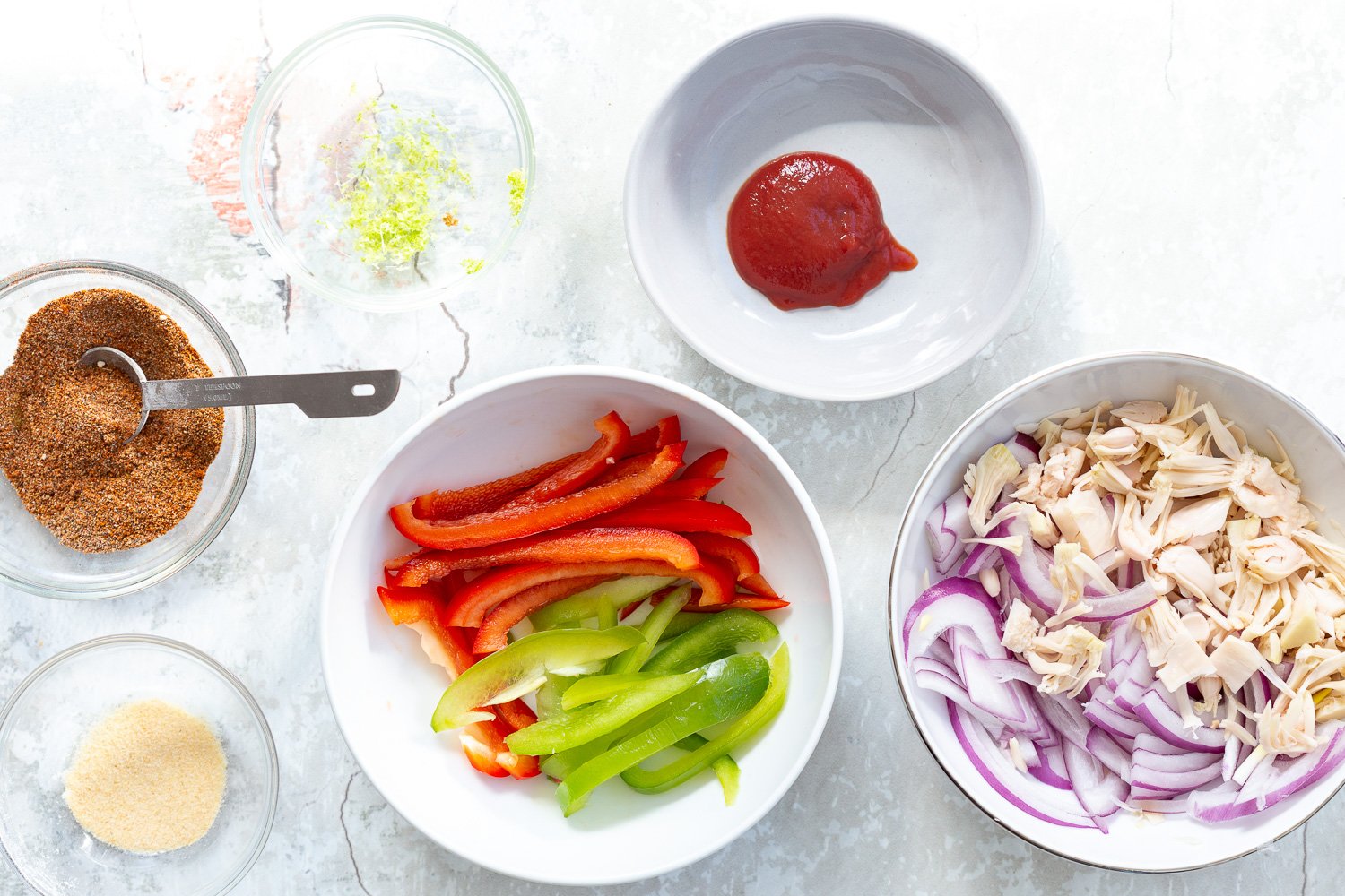 Ingredients for Chili lime roasted veggies and jackfruit in bowls