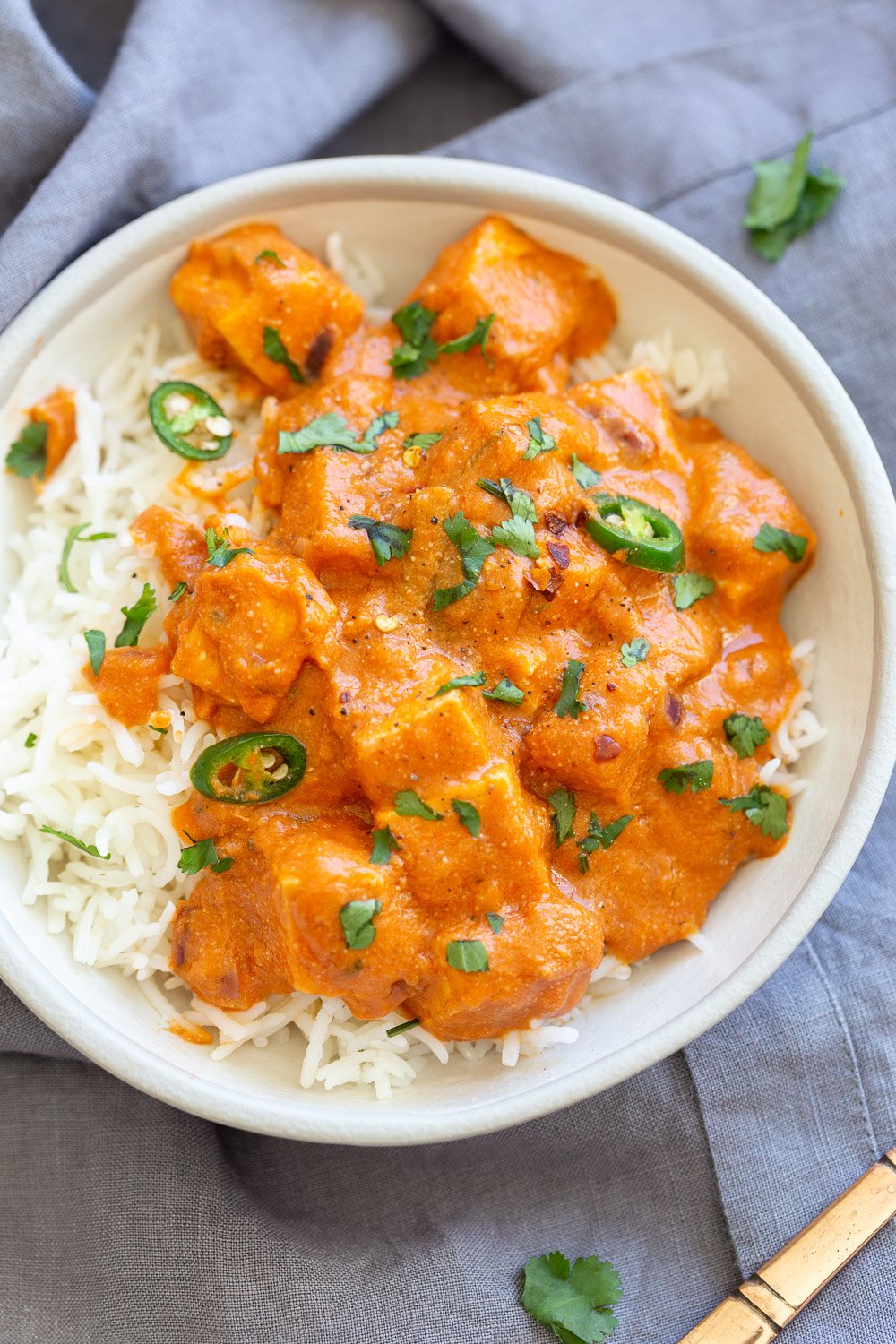 Vegan Paneer Lababdar with Tofu. Tofu with Luscious Tomato Cashew Ginger Sauce. Use this Delicious Indian Sauce with other proteins, chickpeas, veggies, chickpea tofu, tempeh, seitan. #VeganRicha #Paneerlababdar #Vegan #Glutenfree #Recipe Nutfree Soyfree options