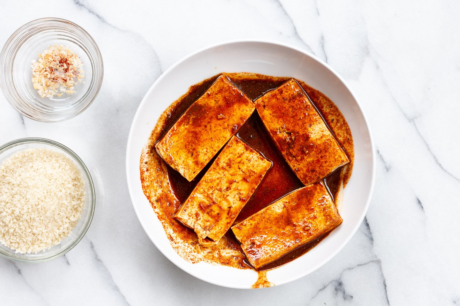 Marinated Tofu in a White Bowl