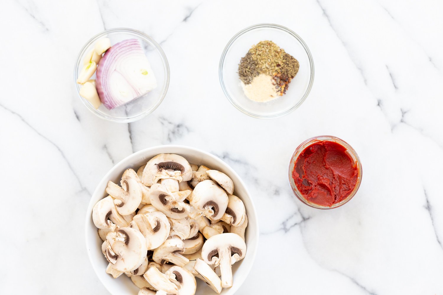 Filling ingredients in bowls for our Vegan Pizza Rolls