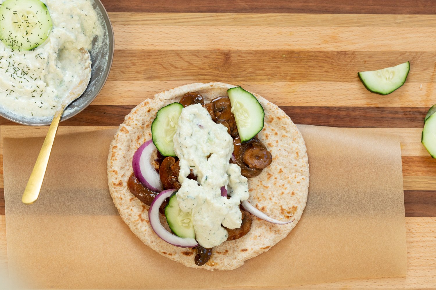 Vegan Gyros with Mushrooms and Tzatziki. Easy 5 Ingredient Vegan Mushroom Gyro "meat" and 5 Minute Vegan Tzatziki. #Vegan #Nutfree #Recipe #VeganRicha #VeganGyros #mushroomGyros Can be Gluten-free
