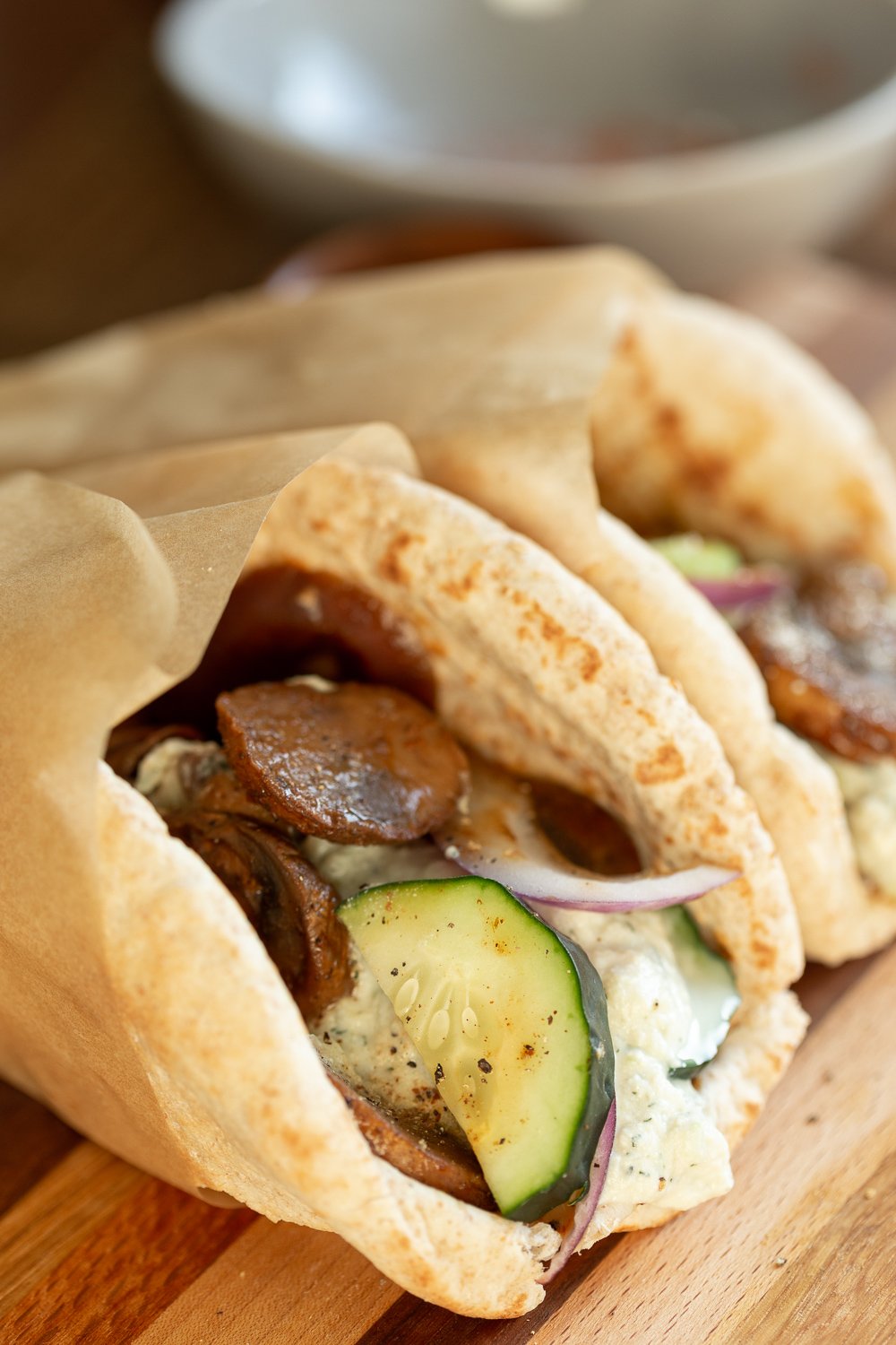 Vegan Gyros with Mushrooms and Tzatziki. Easy 5 Ingredient Vegan Mushroom Gyro "meat" and 5 Minute Vegan Tzatziki. #Vegan #Nutfree #Recipe #VeganRicha #VeganGyros #mushroomGyros Can be Gluten-free