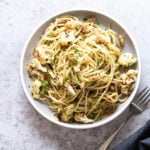 Easy Spaghetti with toasted garlic breadcrumbs and blistered cauliflower. Vegan Pasta with breadcrumbs, pasta wth roasted cauliflower. #Vegan #Nutfree #Soyfree #Recipe #spaghetti #toastetdbreadcrumbs #VeganRicha