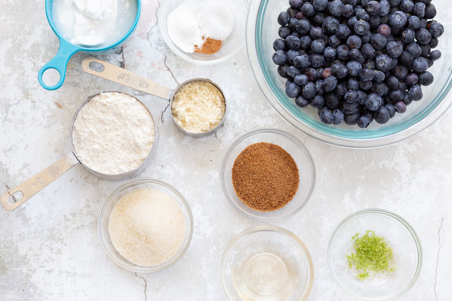 Ingredients in Bowls for our Vegan Blueberry cobbler