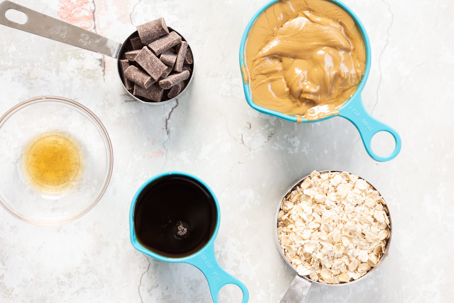 Ingredients for our Sunbutter Granola Bars in bowls and measuring cups