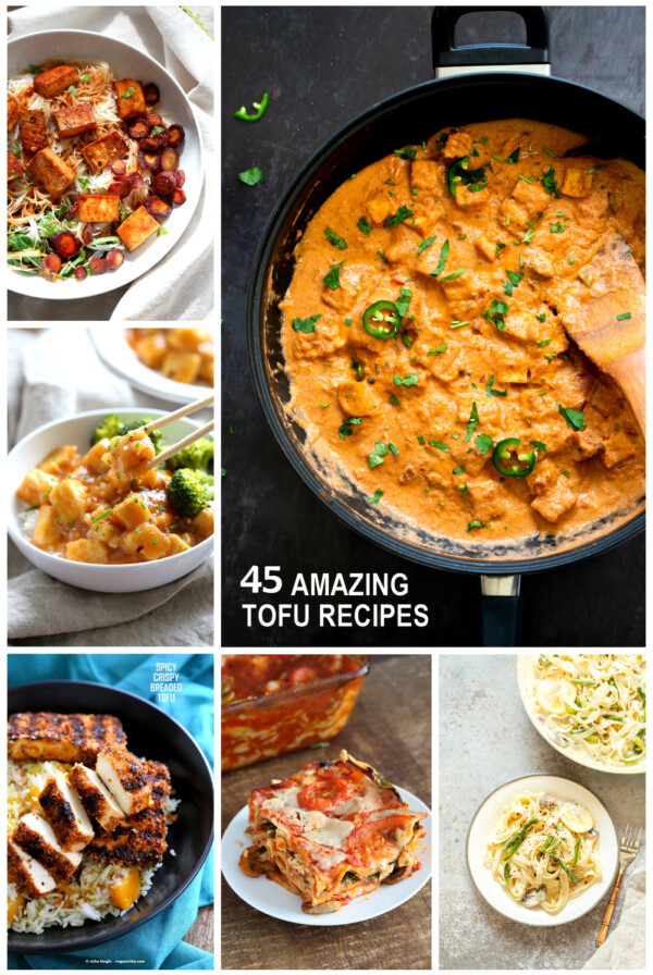 Collage of Best tofu Recipes. 45 Best Tofu Recipes to Try. Stir-fries, Marinated and Baked, Curries, Pasta, Crispy Breaded Tofu, Sandwiches & More. No Bland tofu! Gluten-free Options. Vegan Tofu Recipes.
