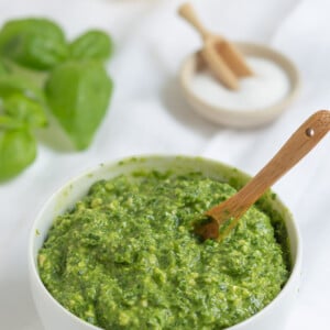 Vegan Pesto in a white bowl