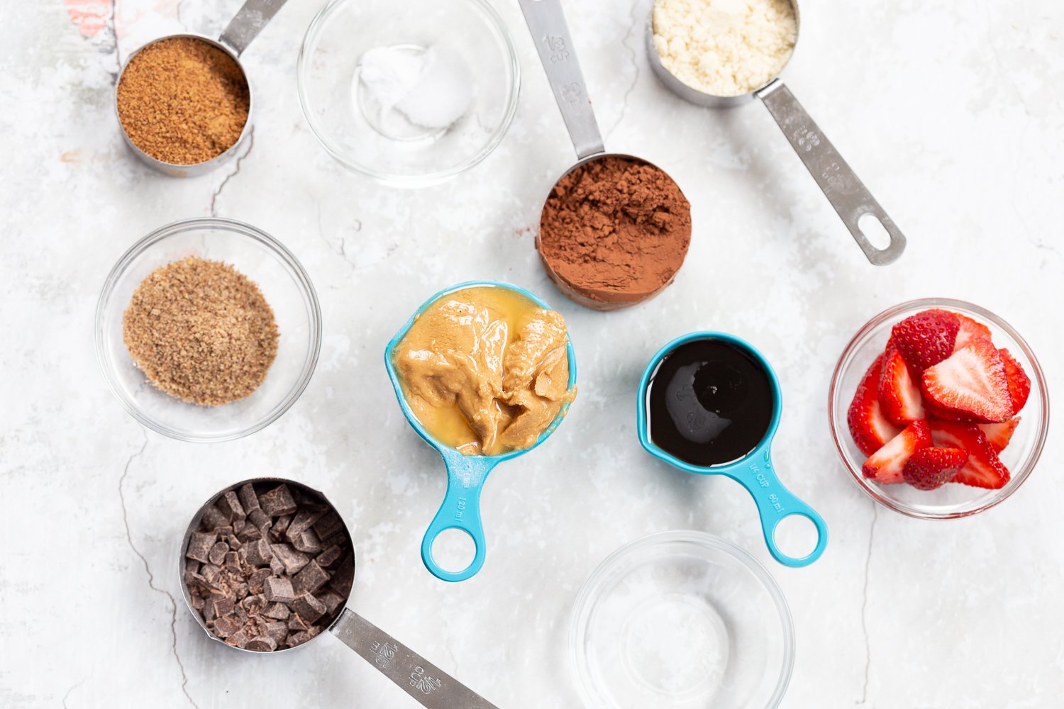 Ingredients for our Vegan Strawberry Brownies in measuring cups