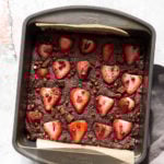 Our Vegan Glutenfree Grainfree Strawberry Brownies in a grey brownie pan