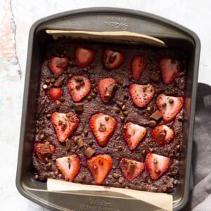 Our Vegan Glutenfree Grainfree Strawberry Brownies in a grey brownie pan