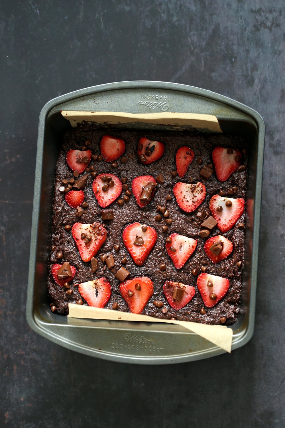 Our Vegan Glutenfree Grainfree Strawberry Brownies in a grey brownie pan