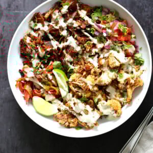 Chili Lime Roasted Veggies & Jackfruit drizzled with jalapeno cream sauce in a White Bowl