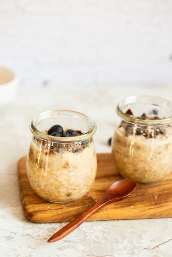 Our Vegan Samoa Cookie Overnight Oats in glass jars