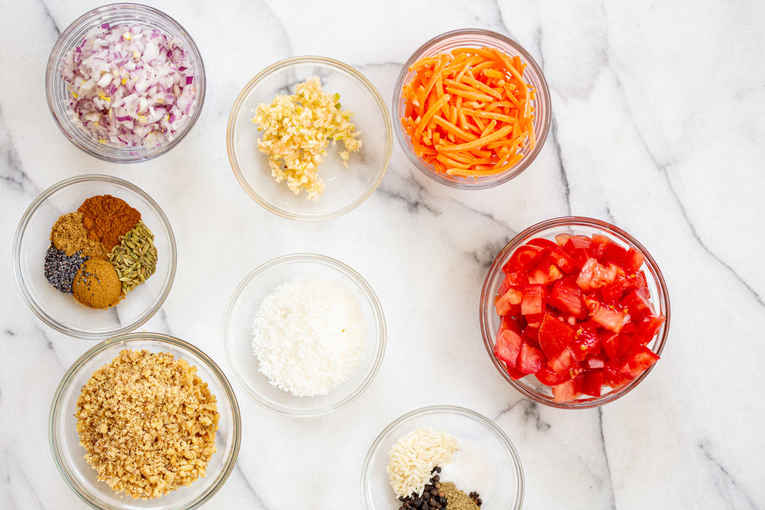 Ingredients for our Vegan Keema Madras in bowls